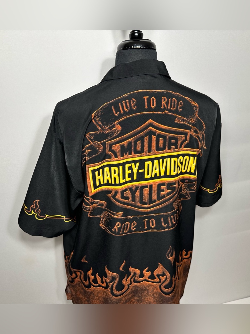 Harley Davidson Motorcycles All Over Flames Loop Collar Biker Hawaiian Men's XL